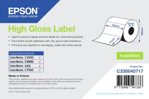 C33S045717 Epson High Gloss Label - 102mm x 51mm for ColorWorks C7500 Inkjet Printer