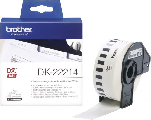 Бяла непрекъсната хартиена лента Eтикети Brother DK-22214, 12mm x 30.48m, със стойка