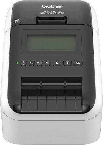 Етикетен принтер Brother QL-820NWB с жична и безжична мрежа, Bluetooth, AirPrint и LCD дисплей. Печат с ширина до 62mm + безплатна стойка за многократна употреба