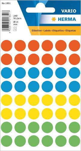 Herma 1851 Multi-Purpose Round Labels/Colour Dots for Hand Lettering, Permanent Adhesion, 13mm, Assorted Colours