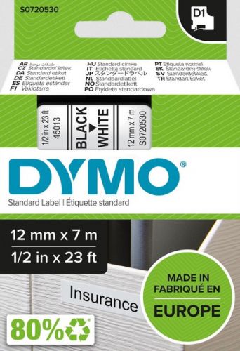 Dymo S0720580 D1 45013 Tape 12mm x 7m Black on White 