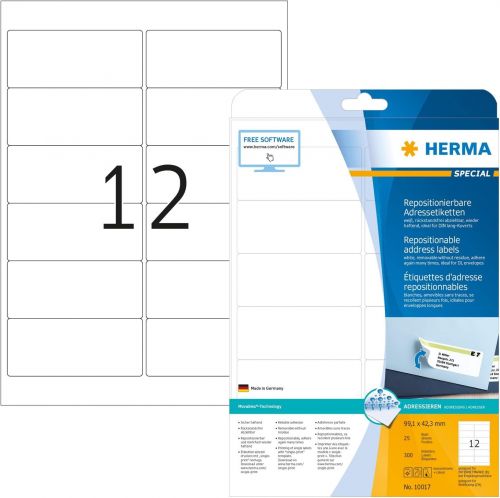 White Herma 10017 Self Adhesive Removable Multi-Purpose Labels, 12 Labels Per A4 Sheet, 300 Labels for Printers, Large, 99.1mm x 42.3 