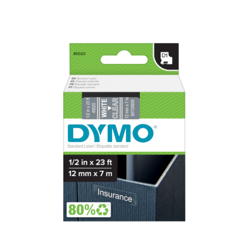 Dymo S0720600 D1 45020 Tape 12mm x 7m White on Clear 