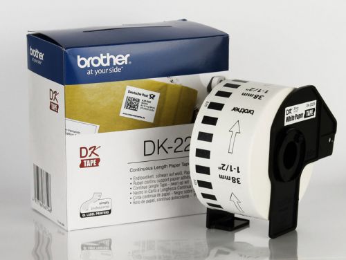 Непрекъсната бяла хартиена лента Brother DK-22225, 38mm x 30.48m, Roll White Continuous Length Paper Tape (Black on White)