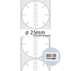 С перфорация - Прозрачен самозалепващ се кръгъл стикер от PVC фолио, Ø25mm, 6 000бр., без черна марка(репер)