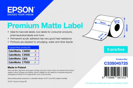 C33S045720 Epson High Gloss Label - 76mm x 51mm for ColorWorks C7500 Inkjet Printer