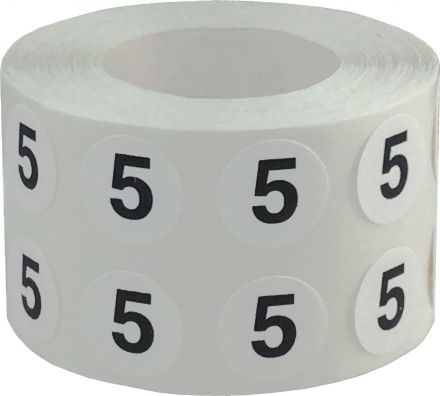 Цифра 5 кръгли стикери за инвентарни номера с диаметър 10mm, 6 740 бр., бели
