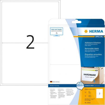 Етикети Herma 10020 Removable, 199.6mm x 143.5mm, 25листа, 50 бр.