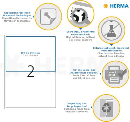 Етикети Herma 10020 Removable, 199.6mm x 143.5mm, 25листа, 50 бр.