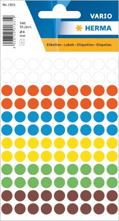 Цветни кръгли стикери за ОТК контрол - самозалепващи етикети, различни цветове/асорти, диаметър 8mm, 540 бр.