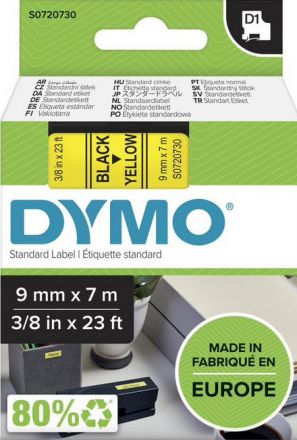 Dymo D1 S0720730, 40918 Tape 9mm x 7m Black on Yellow