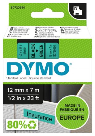 Dymo S0720590 D1 45019 Tape 12mm x 7m Black on Green