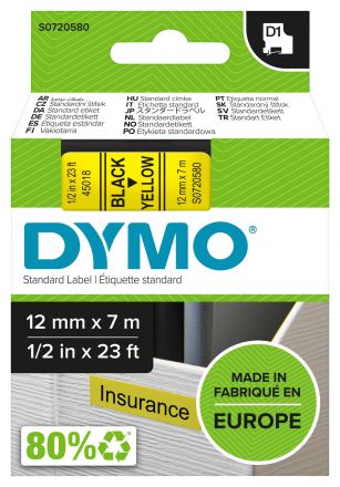 Original Dymo D1 Standard Tape 45018, S0720580, 12mm x 7m, Black on Yellow