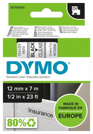 Dymo D1 45010 Tape 12mm x 7m Black on Clear