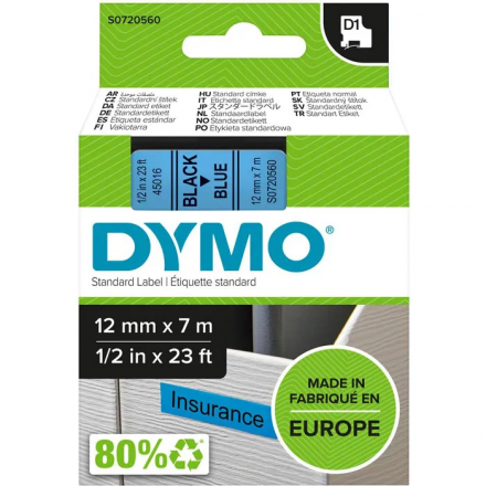 Dymo D1 45010 Tape 12mm x 7m Black on Blue