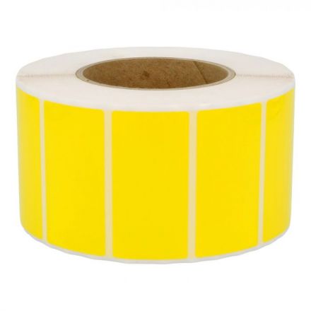 Yellow polyester labels, 74mm x 37mm, core Ø75mm 