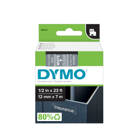 Dymo S0720600 D1 45020 Tape 12mm x 7m White on Clear 