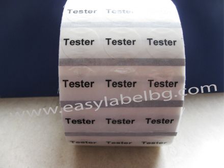 Прозрачни етикети с надпис "Tester" - Kръгли напечатани стикери с диаметър Ø25mm